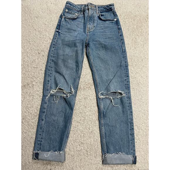 Zara Womens 0 Frayed Hem Jeans Blue Ripped Straight Leg High Rise Crop Cuffed - Picture 1 of 11